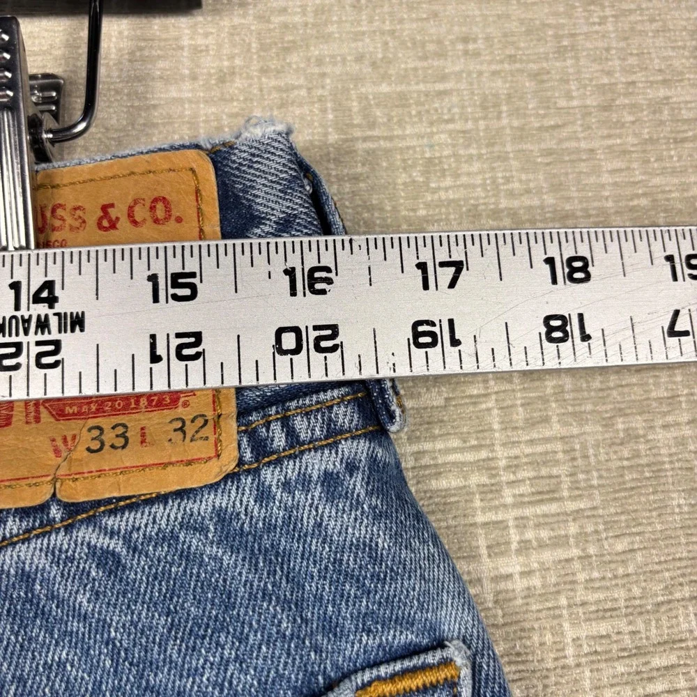 Levis 505 Mens 33x32 Jeans Medium Light Blue Distressed Washed Denim Frayed Hem